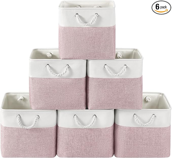 13 x 13 Inch Cube Storage Bins, 6 Pack Fabric Storage Basket with Handles, Foldable Boxes Organizer for Shelf Baskets for Home, Clothes (White/Pink)