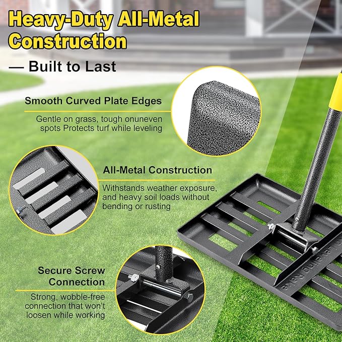 Lawn Leveling Rake: Anti Flipping 17" x 10" Stainless Steel Lawn Ground Leveler for Soil, Heavy Duty Grass Top Soil Dressing Leveling Rake, Home Lawn,Golf Field,Yard Landscaping Tool, 60” Long Handle