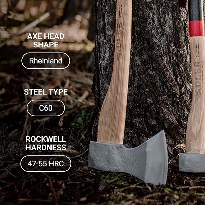Adler Rheinland Axe - Classic German Axe for Felling & Delimbing Small Trees, Leather Sheath, 2.75 lb Head, Anti-Slip 27.5" Hickory Handle, Red Stripe