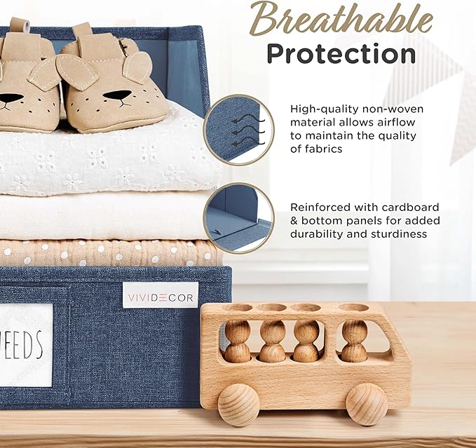 Trapezoid Storage Bins – 12x12x10 Fabric Storage Baskets, Collapsible Easy-Access Organiser Boxes for Baby Clothes, Kids Room Organizer – Navy Blue, 3 Pack