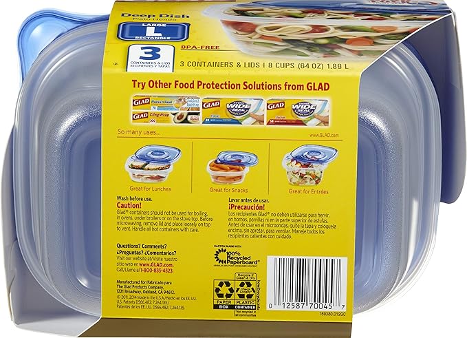 Glad GladWare Deep Dish Food Storage Containers with Lids, Large Rectangle BPA Free Plastic for Soups Salads and Meal Prep, Lock Tight Seal, Microwave Dishwasher Safe, 64 Oz, 3 Count - 6 Pack