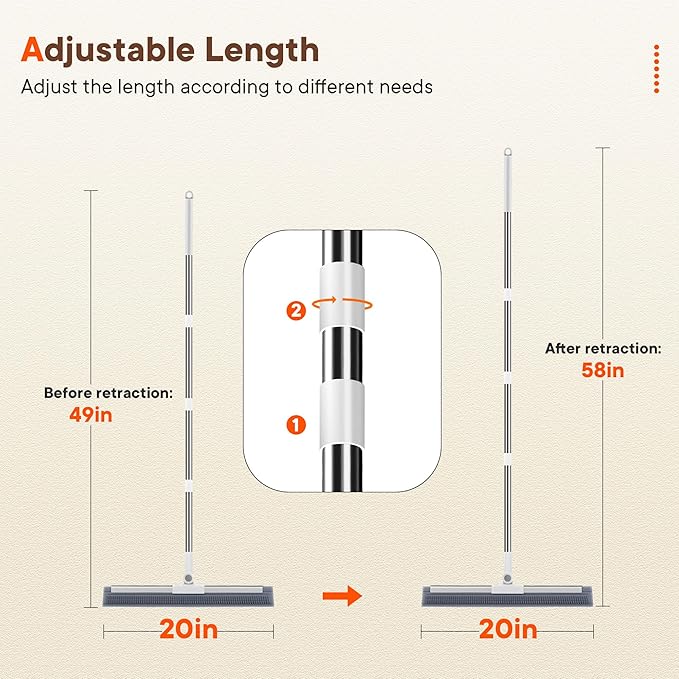 Floor Squeegee for Concrete Floors, 180° Rotating Silicone Broom, Squeegee for Floor with Long Handle and Dual-Sided Blade Design, Water and Pet Hair Remover for Bathroom Floors, Tile, Deck and Glass