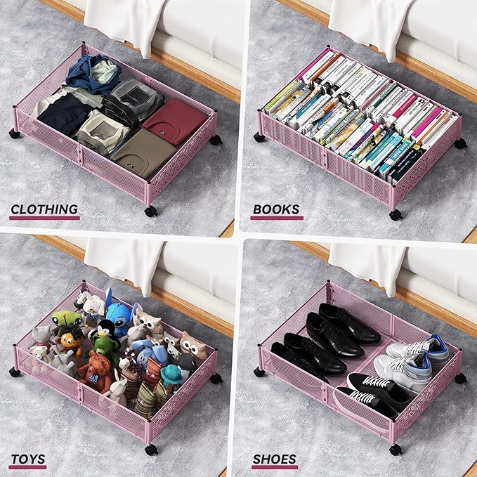 PHINOX Under the Bed Storage Containers with Wheels, Under Bed Storage, Under Bed Shoe Storage Organizer Drawer, Tool-free Assembly Metal Underbed Storage Containers -Pink