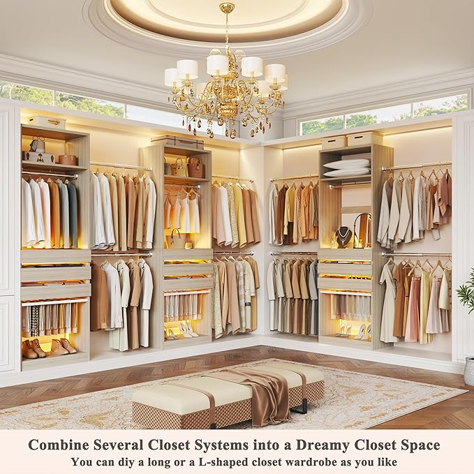 Closet System Set of 2, 5.7-10.4FT Closet Organizer System with 6 Wood Drawers & LED Glasstop, Wood Walk-in Closet with 10 Hanging Rods & 2 Trouser Rack, Built-in Garment Rack with Shelves, White Oak