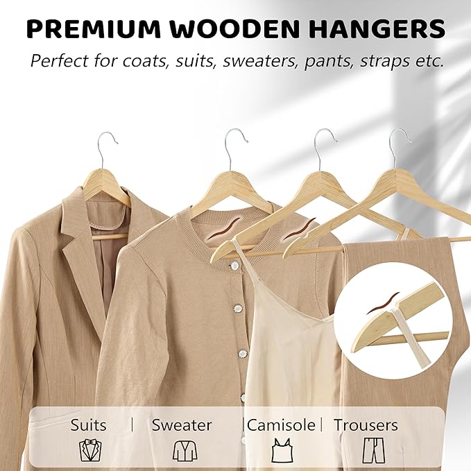 Edergoo Wooden Hangers 20 Pack, Durable Wood Hangers with 360° Swivel Hook & Notches, Slim Coat Hanger Wooden for Closet, Natural
