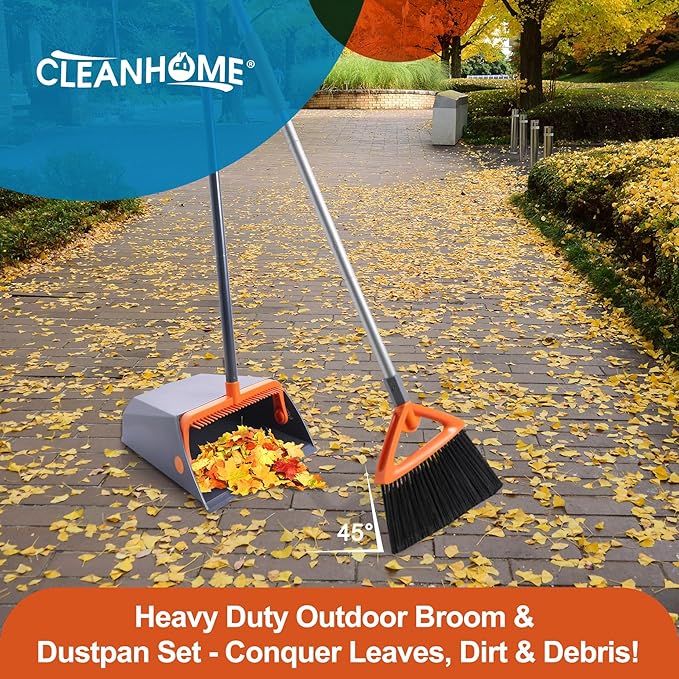 Heavy Duty Outdoor Broom and Dustpan Set with Long Handle, Standing Dustpan & Split-End Bristles for Patio, Garage, Deck, Leaves Debris Cleaning