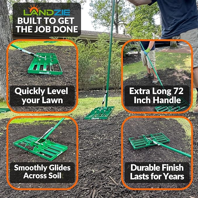 Landzie AeroLeveler - The Lawn Leveling Rake That Never Flips - Patented 24" inch Wide Pneumatic Lawn Level for Yard, Dirt, Soil, Sand, Provides Stability and Control (Pneumatic 24" Leveling rake)