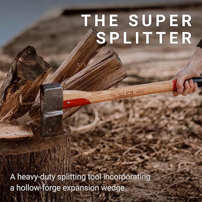 Adler Super Splitter - German Made, Wood & Rounds Splitting Axe with Hollow-Forge Design, 31.5" Hickory Handle with Anti-Slip Grip, 6.2 lb Head, Premium Leather Sheath