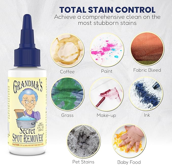 Grandma's Secret Spot Remover - Chlorine, Bleach and Toxin-Free Fabric Stain Remover for Clothes - Removes Oil, Paint, Blood and Pet Stains – 2 Ounce, 6 Pack
