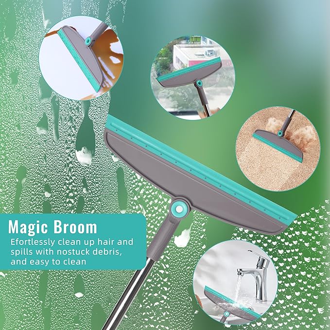Broom with Dustpan Combo Set, Silicone Broom Squeegee and Scrub Brush Set with Long Adjustable Handle for Indoor & Outdoor Sweeping and Scrubbing, Ideal for Pet Hair, Liquids and Dirt