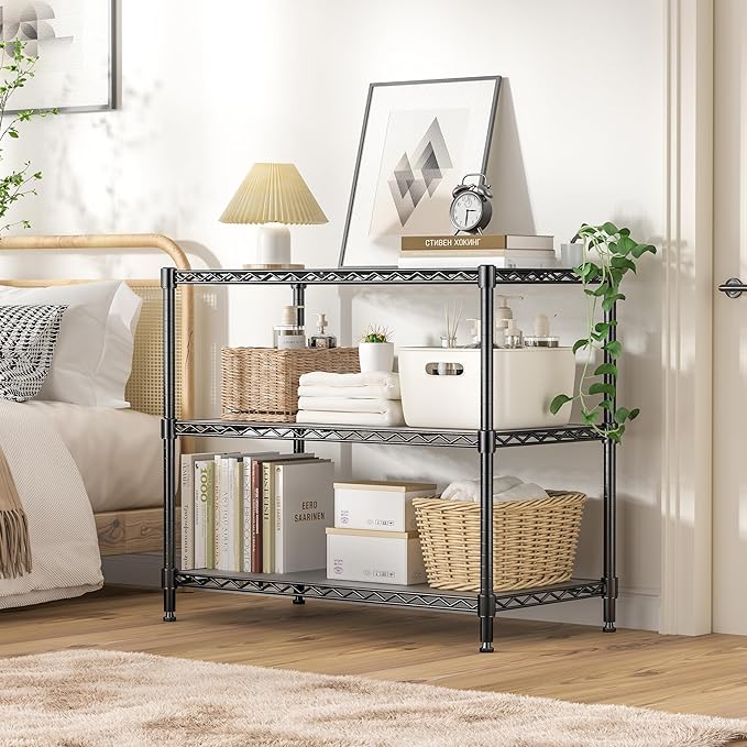 3-Tier Storage Shelves 795LBS Metal Shelving Unit, Adjustable Wire Rack Small Shelf Organizer with Shelf Liners for Kitchen Pantry Office Closet Garage 24" W x 14" D x 30.5" H Black