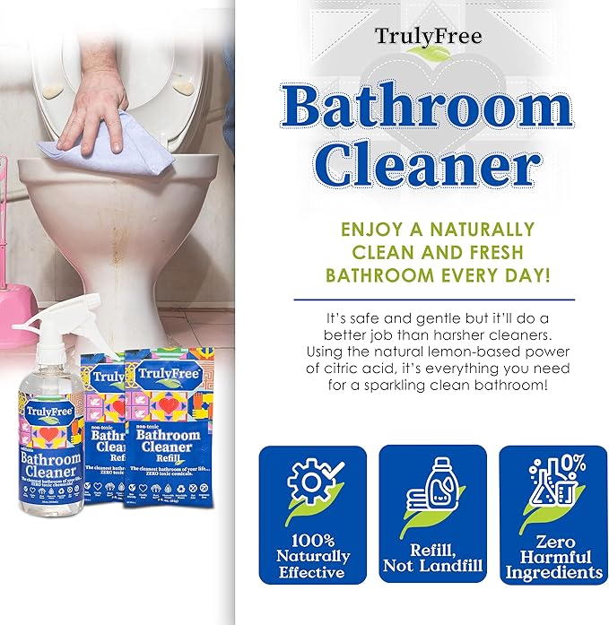 Truly Free All Natural Non-Toxic Bathroom Cleaner Spray, Organic Bath & Tile Cleaning Solution for Toilet, Sink, Tub & Shower, Refillable 2-Pack with 16oz Bottle + 2 Refill Pouches