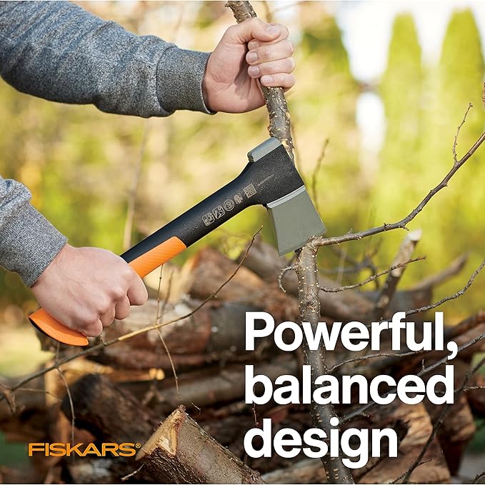 Fiskars X7 Small 14" Hatchet Axe with Sheath for Chopping Wood Kindling for Campfires while Outdoors & Camping, Insert-Molded Forged Steel Head, Low-Friction Blade, Shock Absorbing Handle & Non-Slip Grip