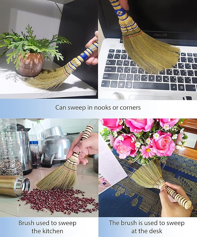 Small Corn Wisk Brush Broom 11 Inch Blue, Red Flagged Indoor Heavy Duty Multi Surface Hard & Soft Floor 100% Handmade(Blue), AW038-AW0038, length 11 Inch, wide 4.5 inch,