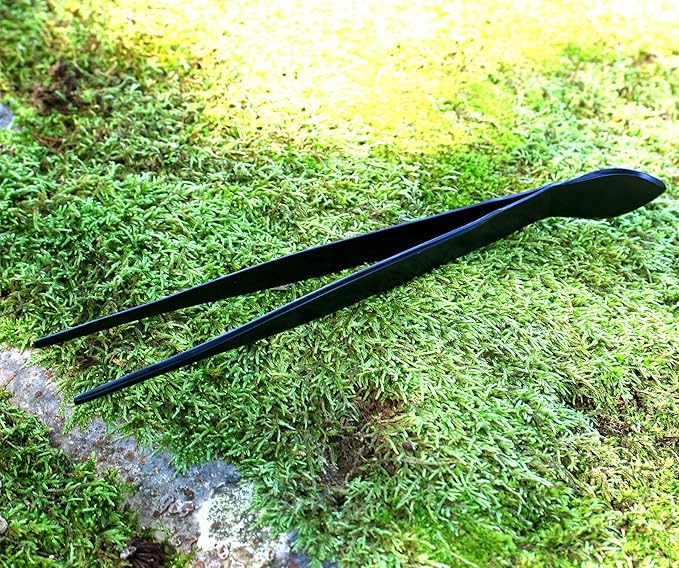 KAKURI Bonsai Tweezers Straight Serrated Tips with Spatula 8.8" - Made in Japan - Professional Bonsai Care Tool - Black Coated Japanese Stainless Steel