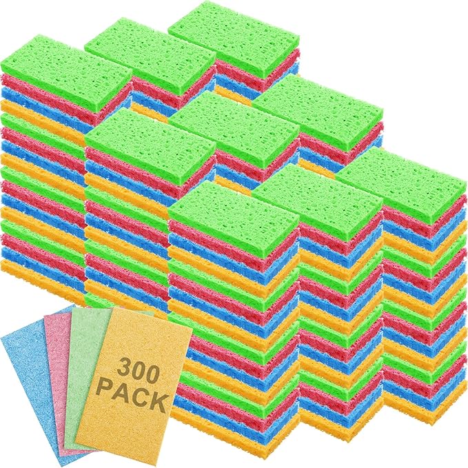 Zhengmy 300 Pieces Sponges Bulk Sponges Kitchen Compressed Sponge Natural Dish Sponge Compressed Wood Pulp Cleaning Without Scratching for Kitchen Bathroom, 3.9 x 2.4 x 0.12 Inch (Multicolor)