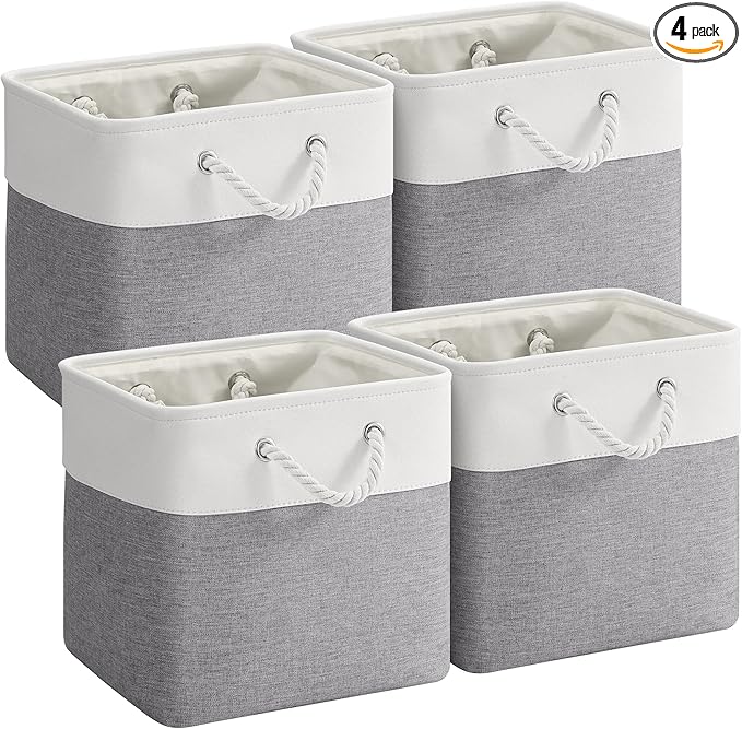 12 x 12 Inch Cube Storage Bins, 4 Pack Fabric Storage Basket with Handles, Foldable Boxes Organizer for Shelf Baskets for Home, Clothes (White/Grey)
