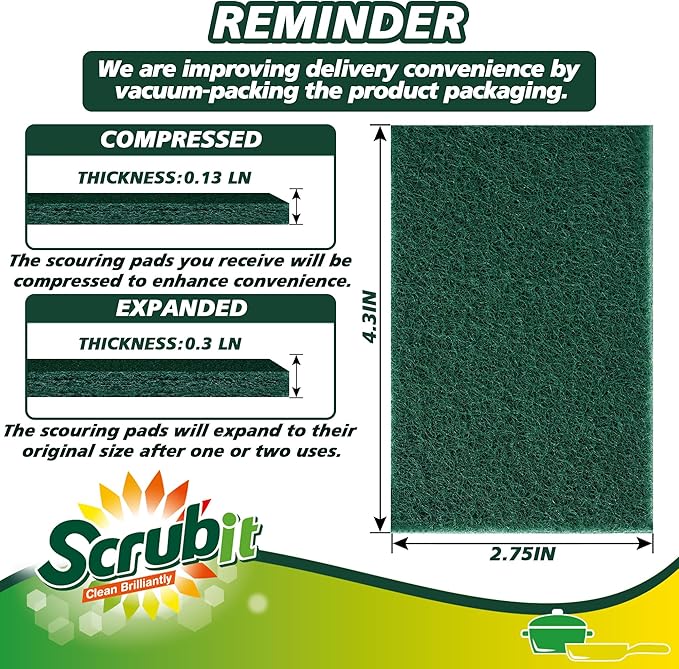 SCRUBIT Scouring Pads - Heavy Duty Scrub Pads for Cleaning Dishes - Non-Scratch - Reusable - Green (50, Green)