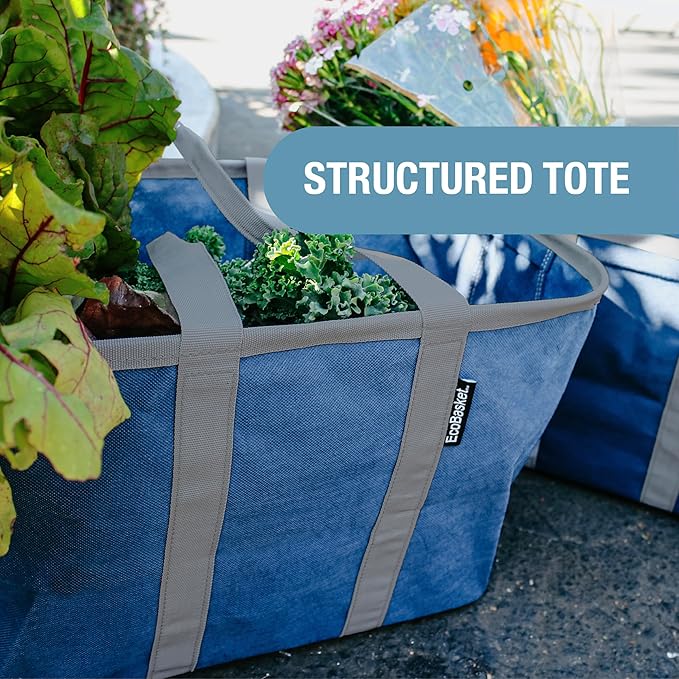 CleverMade EcoBasket 30L Collapsible Tote Basket 3 Pack – Reusable Grocery Tote That Stands Upright, Foldable Shopping Basket for Car Trunk Storage, Heavy Duty Utility Bag, 30 lb Capacity - Blue