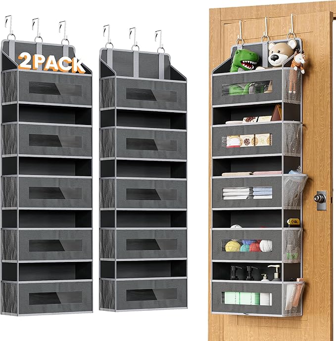 5 Tier Over The Door Organizer - Large Capacity Behind Door Hanging Shelves with 10 Mesh Pockets and Clear Windows, Closet Organizers and Storage for Bathroom, Bedroom, Nursery, 2 Pack Grey