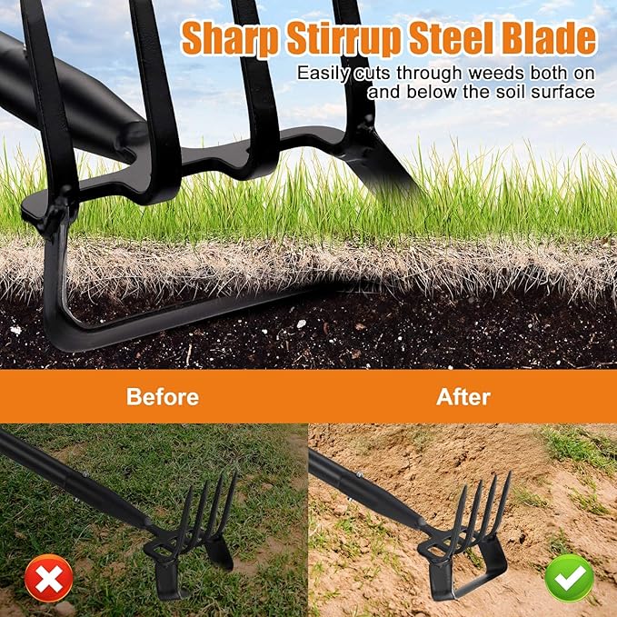 Garden Hoe Tool - Heavy Duty 2 in 1 Scuffle Hoes with Cultivator Tiller for Weeding Grass,Loosening Soil,Sharp Blade,36-60” Long Handle,Push Pull Action Hoe with Scraper Rake for Gardening