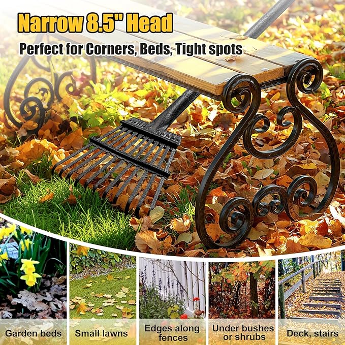 Leaf Rake: 8.5" Wide Heavy Duty Small Metal Garden Rake for Lawn Yard Garden Bed Leaves Debris Shrub Pine Needles Cleanup, 11 Metal Tines, Lightweight Kids Leaf Rakes, 72” Long Handle