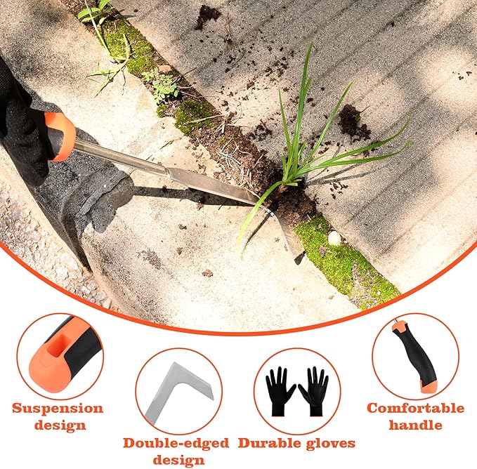 Patio Crack Weeder Tool with Ergonomic Handle – Stainless Steel Weed Puller for Patio Sidewalk Driveway Cracks | Rust Resistant Dual-Material Gardening Tool