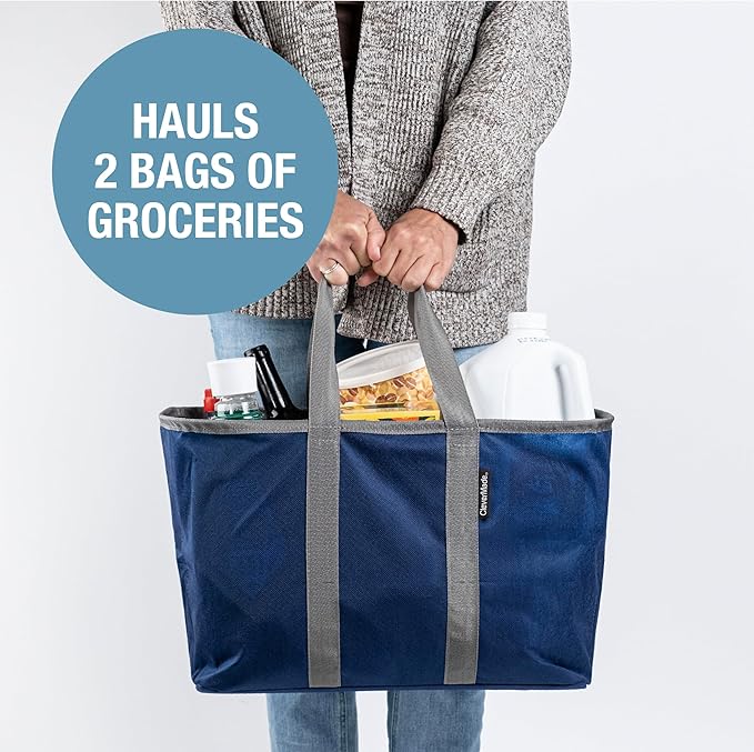 CleverMade EcoBasket 30L Collapsible Tote Basket – Reusable Grocery Tote That Stands Upright, Foldable Shopping Basket for Car Trunk Storage, Heavy Duty Utility Bag, 30 lb Capacity - Blue