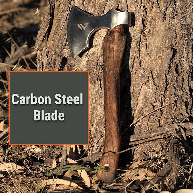 Axe with Carbon Steel Blade and Wooden Handle - Premium Hatchet with Paracord Lanyard & PU Leather Sheath