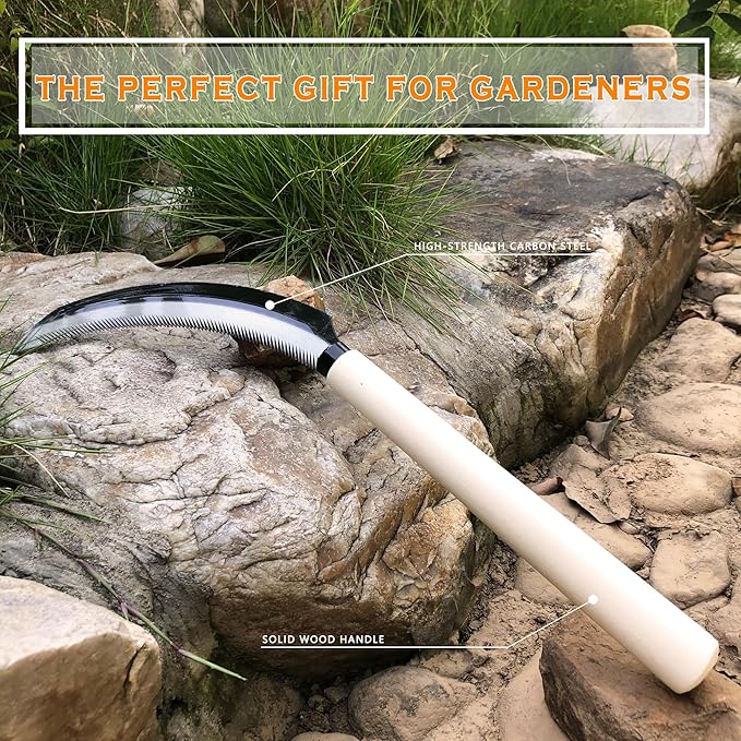 SHANFEEK Grass Sickle with Sawtooth Japanese Weeding Hoe Garden Hand Tool Weeding Tools for Garden High-Strength Steel with Solid Wood Handle (White)