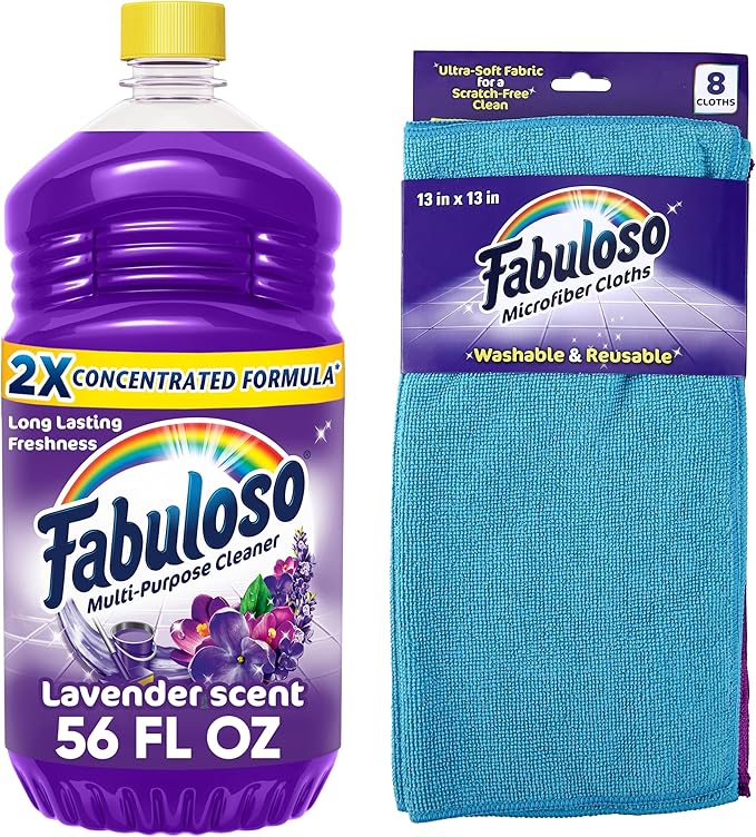 Fabuloso Multi-Purpose Cleaner & Floor Cleaner, 2X Concentrated, Lavender Scent, 56 fluid ounces Microfiber Cleaning Cloths - Rainbow Colors
