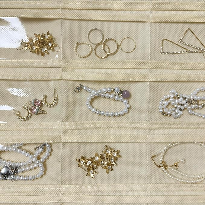 2 Pack Hanging Jewelry Organizer 80-Pocket Dual-sided Jewelry Storage for Earring Necklace Bracelet Ring Travel Holder, White and Beige