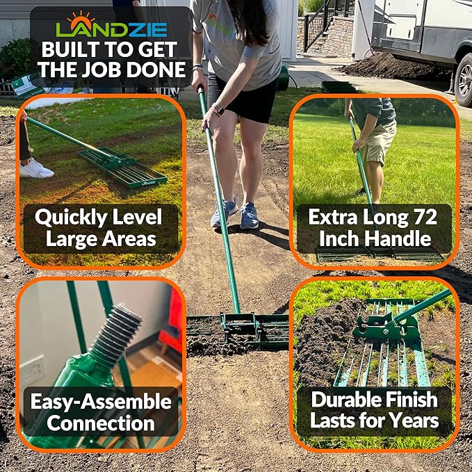 LANDZIE - The Original Lawn Leveling Rake – 48" Steel Handle Yard Leveler, Lawn Level Tool for Creating a Flat Surface - Works for Soil, Dirt, Topdressing, and Ground
