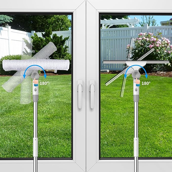 Window Cleaning Squeegee Kit, 14" Silicone Blade and Microfiber Scrubber with 54" Aluminum Handle, 2-in-1 Rotating Window Cleaner for Glass Doors, Shower, Mirrors and Home Windows – LJGG (Gray/White)