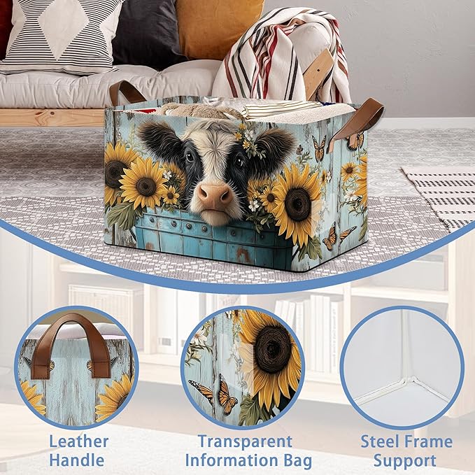 Wooden Highland Cow Storage Baskets,Butterfly Sunflower Foldable Large Capacity Organizer Bins with Waterproof Lining and Leather Handles for Closet,Shelf,Bedroom 17x11.5x10Inch