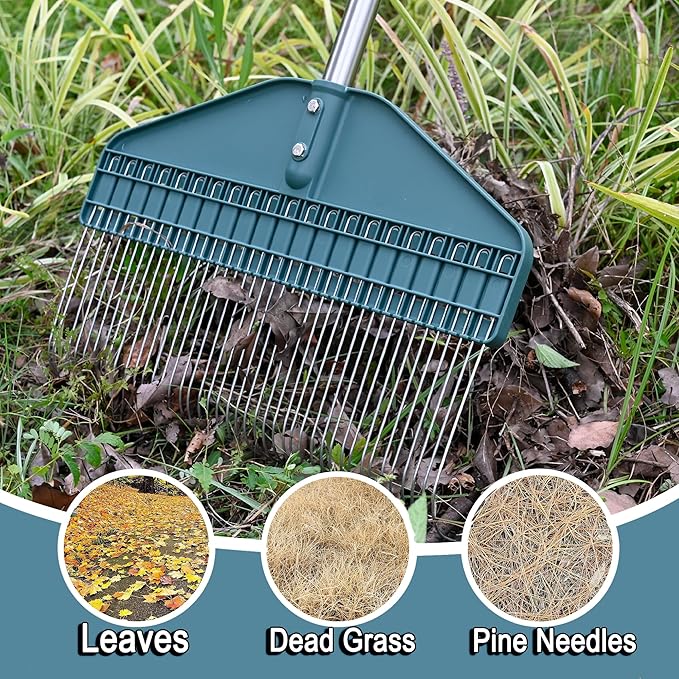 Thatch Rake 66-Inch Adjustable Handle Dethatcher Rake,17-Inch Wide Leaf Rakes, Suitable for Gardens, Yards, Lawns, Used for Cleaning Dead Grass, Thatch, Leaves, Pine Needles, Branches