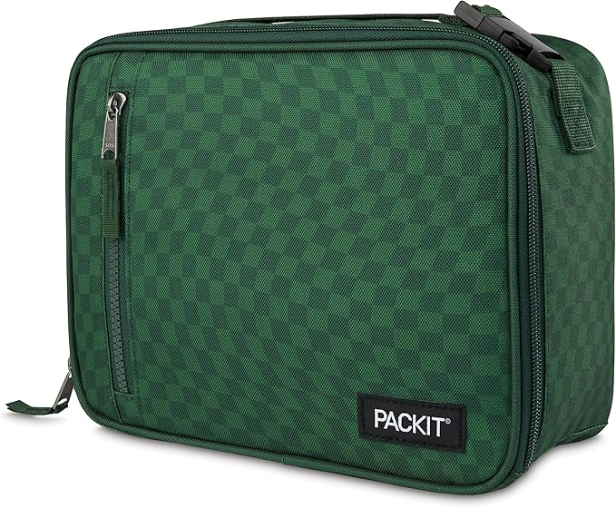 PackIt Freezable Classic Lunch Box, Checker Wave Olive, Built with EcoFreeze Technology, Collapsible, Reusable, Zip Closure With Zip Front Pocket and Buckle Handle, Designed for Fresh Lunch On the Go