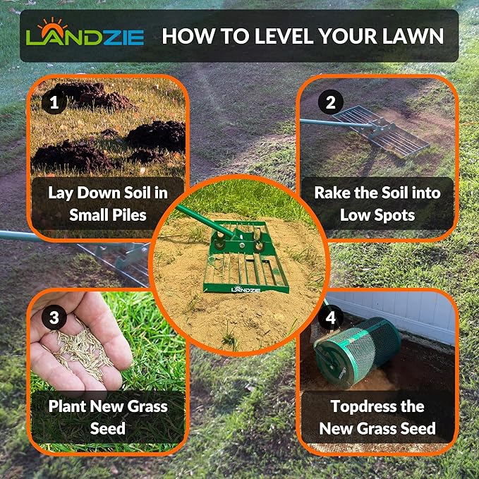 LANDZIE - The Original Lawn Leveling Rake – 48" Steel Handle Yard Leveler, Lawn Level Tool for Creating a Flat Surface - Works for Soil, Dirt, Topdressing, and Ground