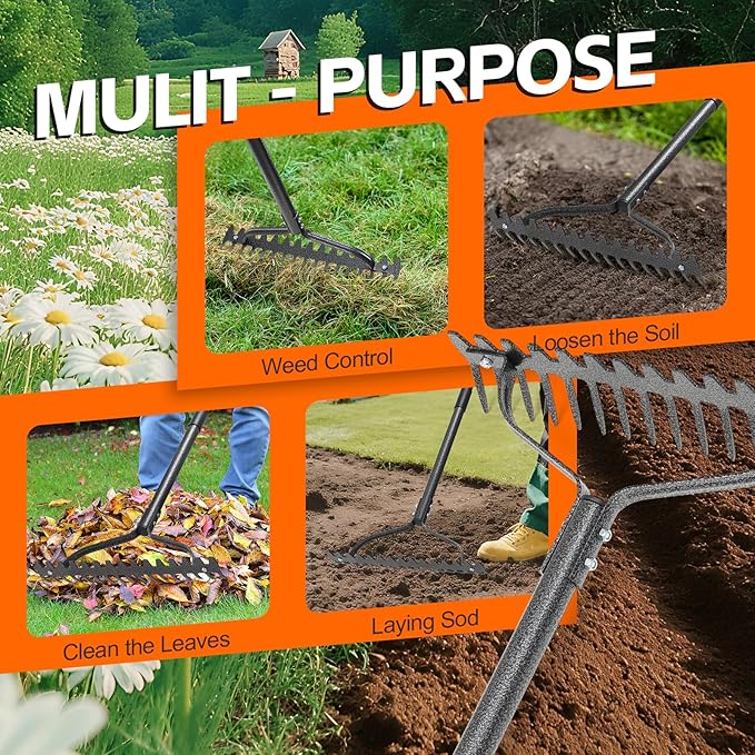 Garden Rake, 49" Adjustable Long Handle Lawn Leveling Bow Rake with 17 Tines, Garden Tool with Heavy Duty Metal for Looseing Soil, Weede Control