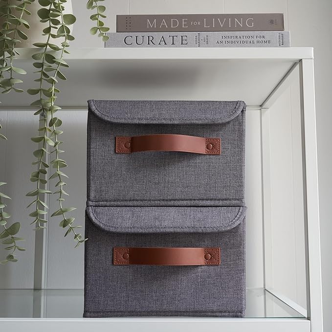 Decorative Linen Storage Boxes with Lids - Spacious Set of 2 Organizer Bins for Your Home Decor - The Perfect Small Container to Safely Store Photos, Documents and Memory Box Keepsakes in Style