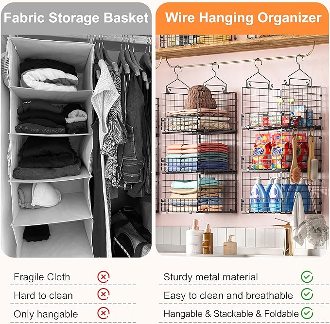 Sonyabecca 3-Tier Hanging Closet Organizer, Foldable Cabinet Wire Storage Basket Bins with 5 S Hooks, Closet Shelves & Hanging Closet Shelf for Clothing, Sweaters, Handbags, Hats