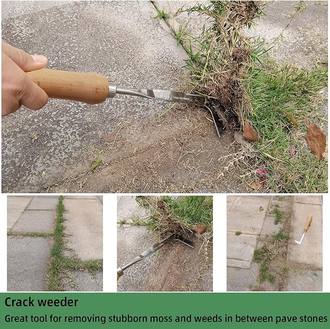 Crack Weeder, Crevice Weeding Tool with Upgrade Sharp Hook Point, L-Shaped Weed Puller Tool with Beech Wood Handle, Efficient Manual Weeder for Sidewalk, Paver, Narrow and Wall Gaps