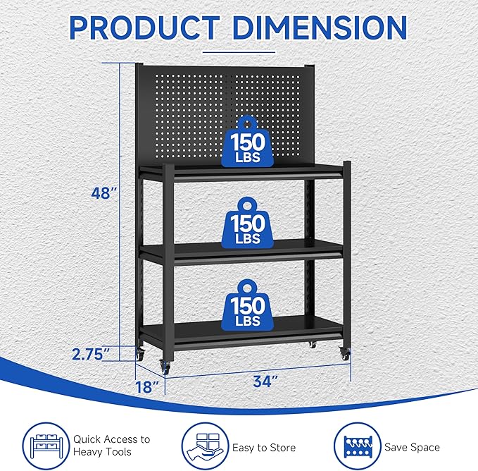48" Adjustable Workbench with Pegboard,Heavy Duty Steel Work Bench with Lockable Wheels,Metal Rolling Work Table,3-Tier Metal Tool Storage Bench for Garage,Warehouse,Workshop, Home,Basement