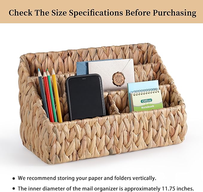 Natural Farmhouse Desk Organizers and Storage, Large Countertop Mail Holder, Tabletop Organizer (Water Hyacinth)