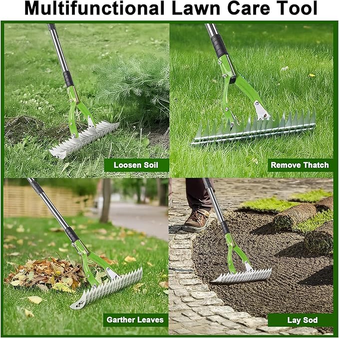 Thatch Rake,15" Lawn Dethatcher Rakes,Dead Grass Remover,Manual Dethatching Rake with Adjustable Length Handle,Scarifier Rake,Thatching Rakes for Lawns Grass Loosening Soil