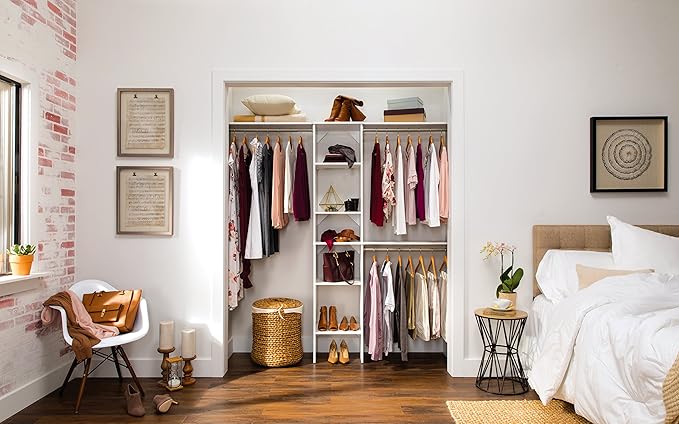 ClosetMaid SuiteSymphony Wood Closet Organizer Kit with Tower, 3 Hang Rods, Top Shelves, Adjustable, Fits Spaces 5 - 9 ft. Wide, Pure White