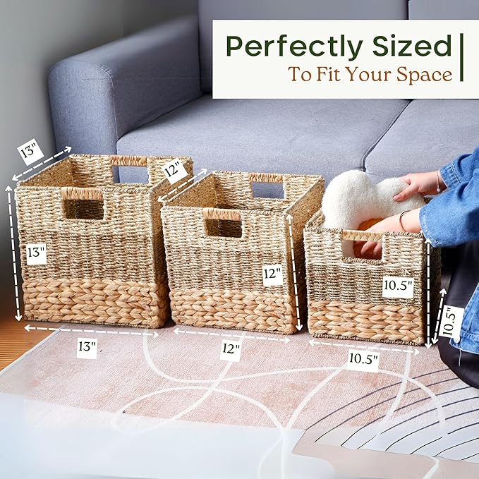 11 Inch Cube Storage Bins, Wicker Storage Baskets for Cube Shelf, Natural Foldable Square Baskets for Storage, Large Woven Storage Bin with Handle, Baskets for Pantry, Living Room Set of 4