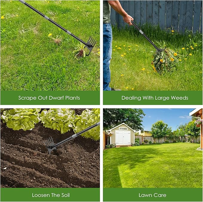 Garden Hoe - Stirrup Hoe and Rake 2 in 1, Heavy Duty Garden Hoe for Weeding with Adjustable Handle 17-60 Inch, Garden Hula Hoe with Rake, Ring Stirrup Hoe Weeder, Black