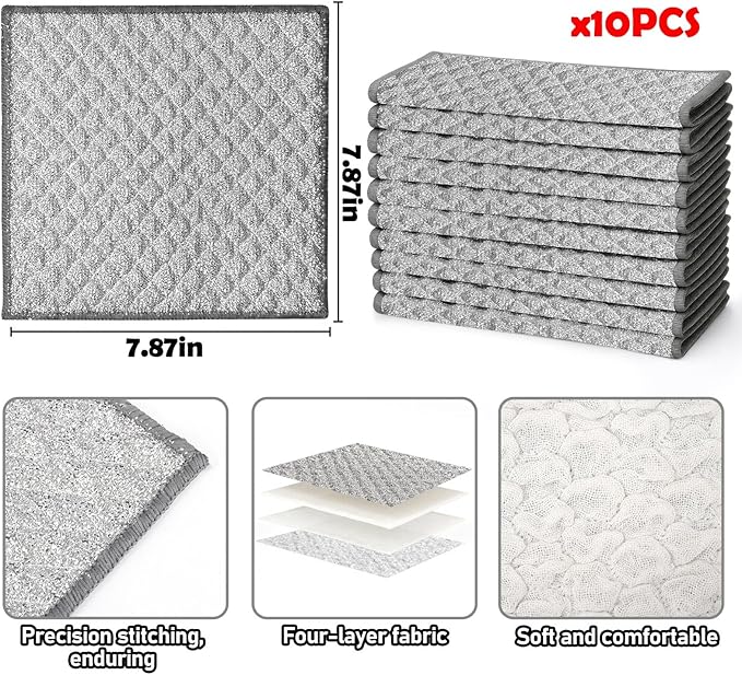 XANGNIER 10 PCS Multipurpose Wire Dishwashing Rags,2025 New Upgrade Non Scratch Wire Dishcloth, Four-Layer Silver Mesh Dish Cloths,Steel Wool Cleaning Cloths,Multi Purpose Metal Wash Miracle Cloths