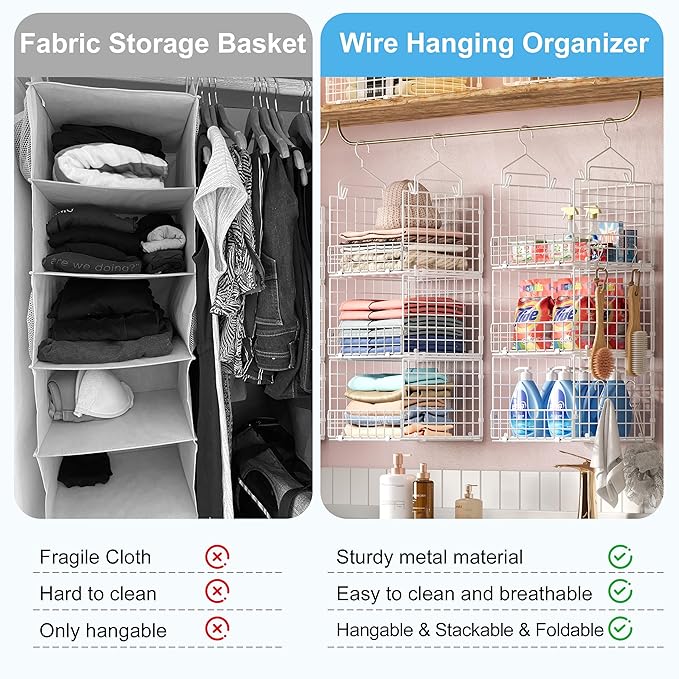Sonyabecca 3-Tier Hanging Closet Organizer with 5 S Hooks, Closet Shelves for Clothes, Shoes, Handbags, Accessories, Hanging Basket, Closet Storage, Closet System, Closet Organizers and Storage